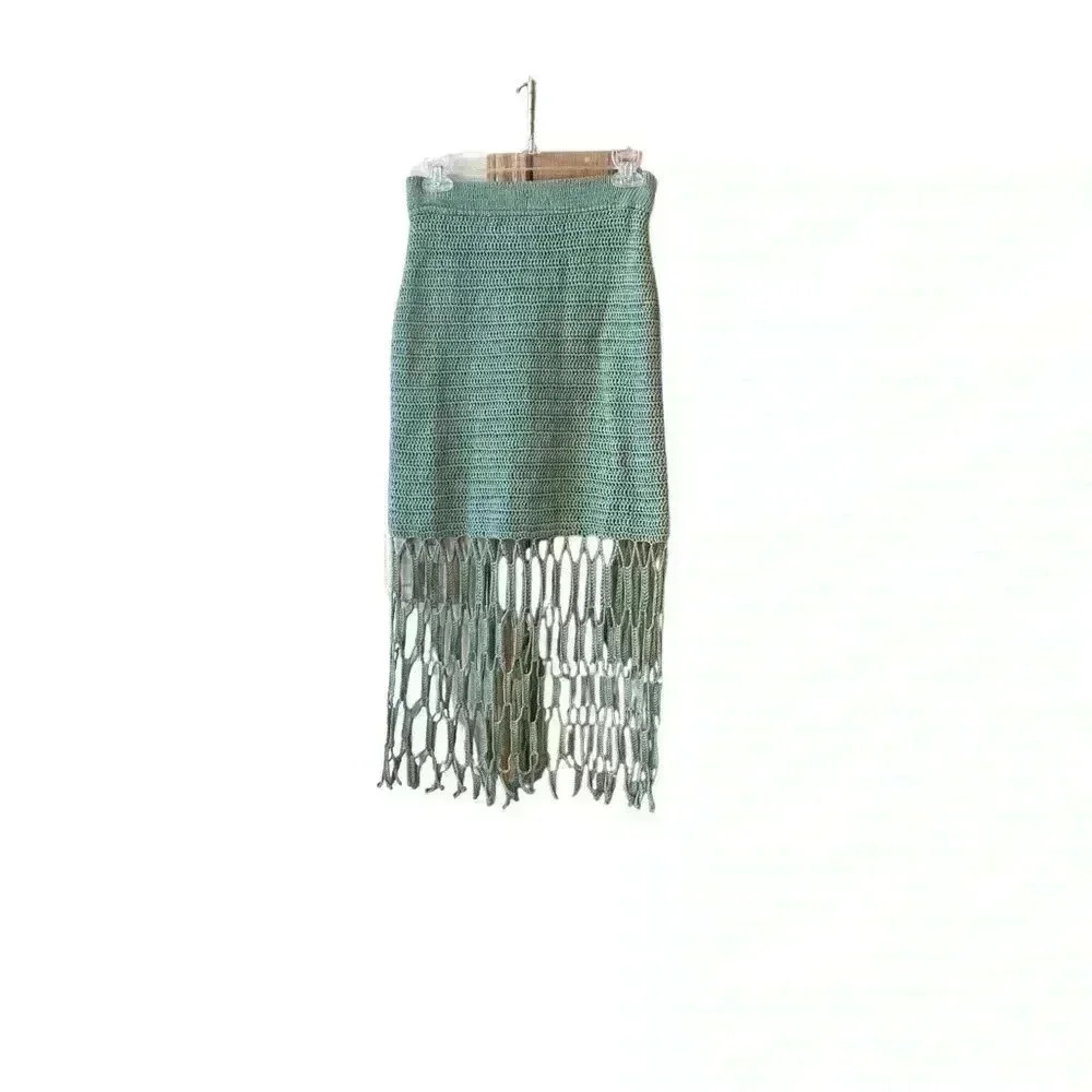New Ayni Tarania Crochet Lined Open Stitch Fringe Skirt Mint Green Size Medium — image 4 of 8